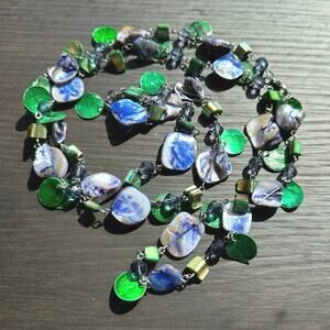 Vintage Abalone Shell Green Purple Glass Beaded Necklace Fashion Jewelry